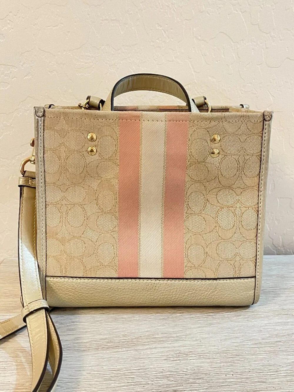 Coach Dempsey Tote 22 Crossbody Bag CG096 Signature Stripe Pink Khaki